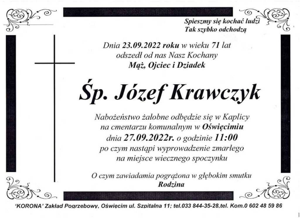 Pożegnanie Józefa Krawczyka we wtorek