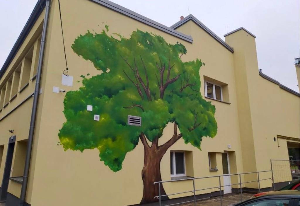 Na ścianie szkoły wyrosło drzewo, które oczyszcza powietrze