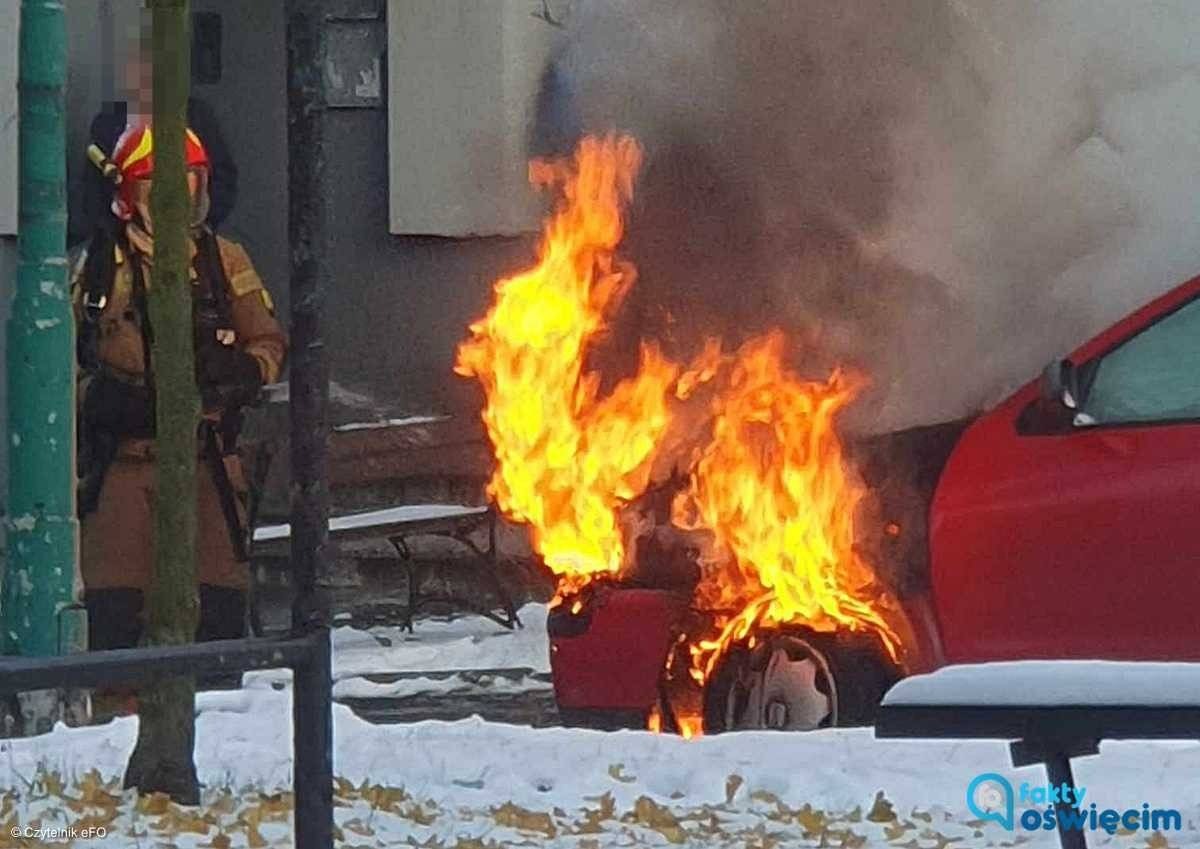 Zapalił się samochód stojący na parkingu. Inne pojazdy nie ucierpiały – FOTO