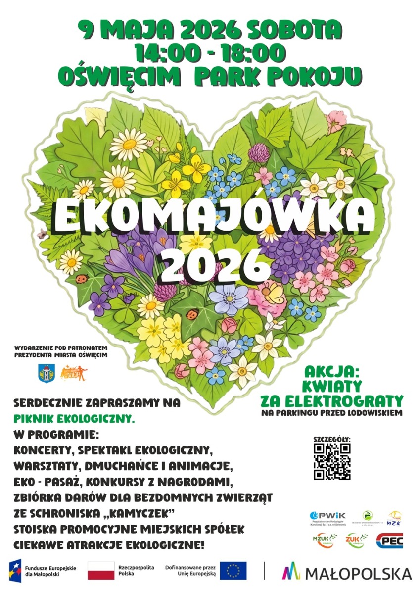 Ekomajówka w Parku Pokoju w Oświęcimiu 9 maja. Kwiaty za elektrograty, ekopiknik