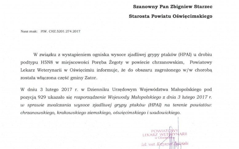POWIAT. Uwaga! HPAI na terenie Powiatu