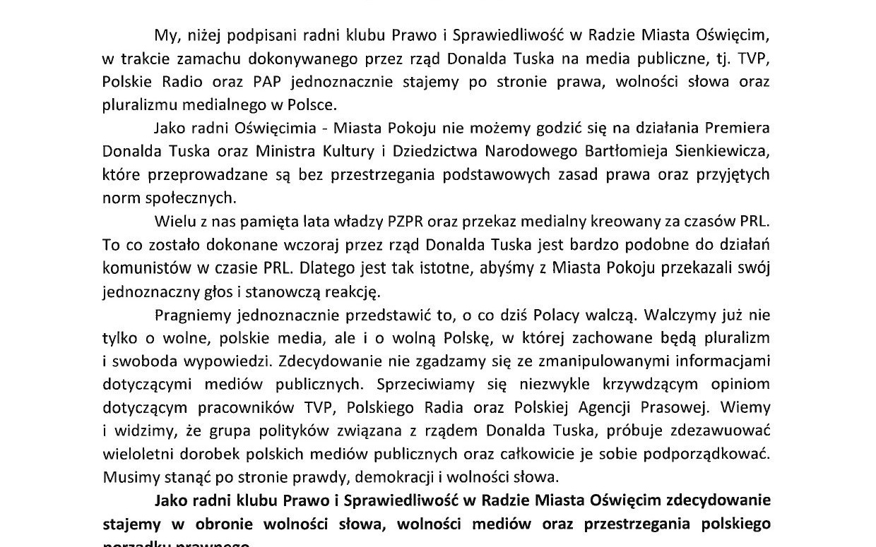 OŚWIĘCIM. Radni PiS wydali oświadczenie ws. zamachu na wolność słowa w mediach publicznych