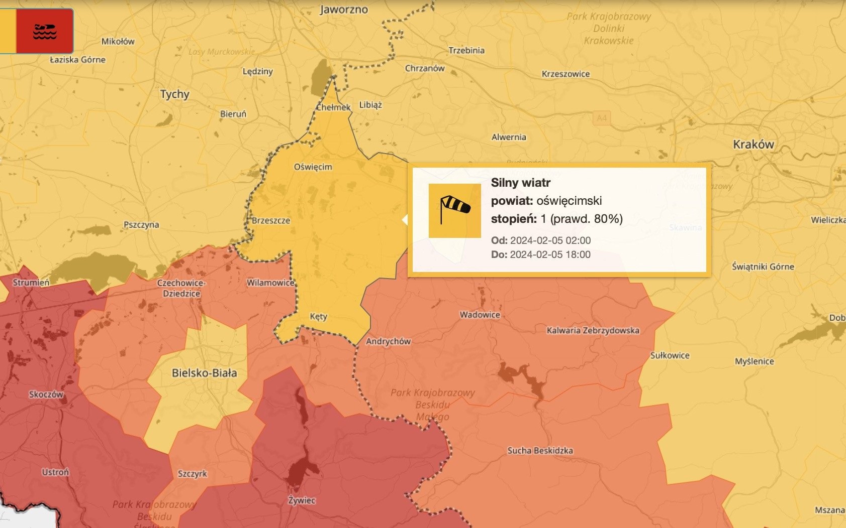 OŚWIĘCIM. W poniedziałek ostrzeżenie przed silnym wiatrem dla całego powiatu oświęcimskiego