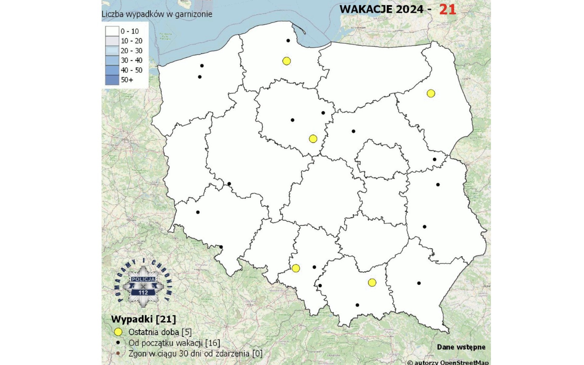 Mapa „Wypadki drogowe ze skutkiem śmiertelnym – Wakacje 2024”