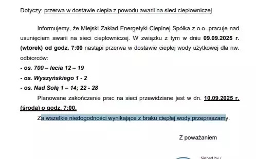Kęty: Przerwa w dostawie ciepłej wody