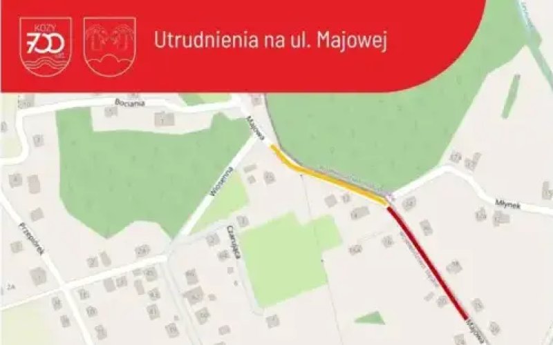 Informacja UG Kozy w sprawie prac kontynuowanych na ulicy Majowej w Kozach