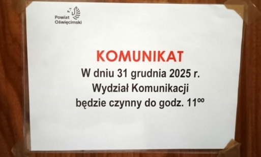 Wydział Komunikacji i Transportu w Sylwestra czynny krócej, a 2 stycznia zamknięty