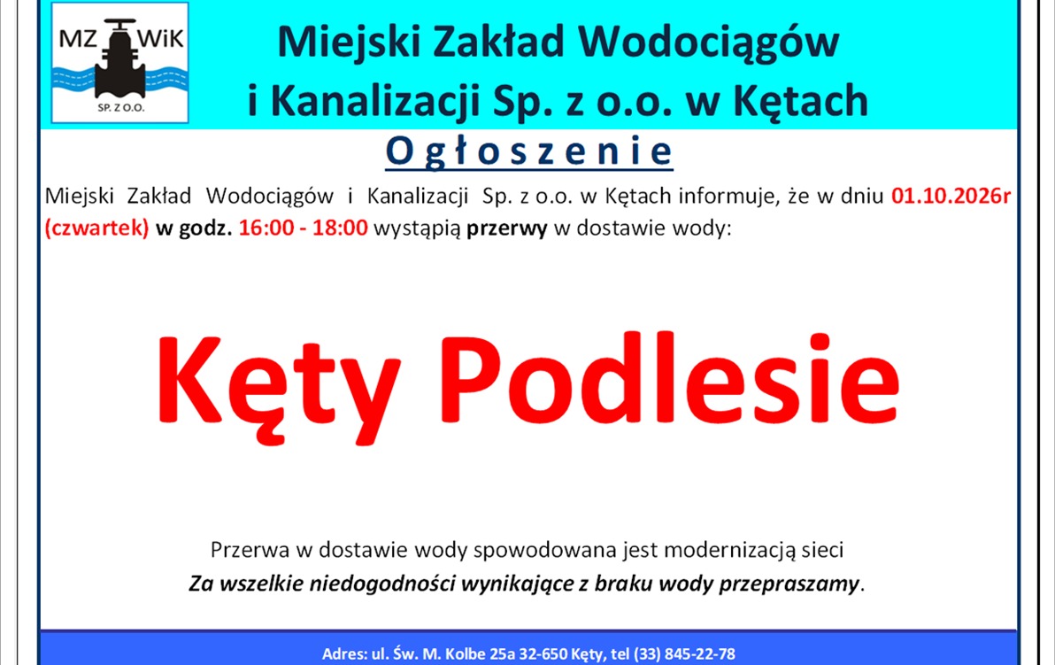 Przerwa w dostawie wody 1 października - Kęty Podlesie