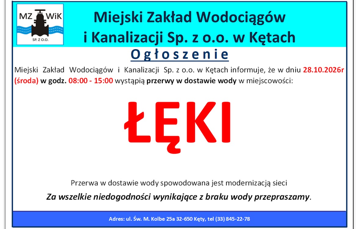 Planowana przerwa w dostawie wody w Łękach 28 października