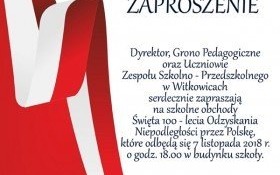 Zaproszenie na uroczyste obchody 100-lecia odzyskania niepodległości przez Polskę w szkole w Witkowicach