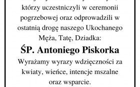 Podziękowanie za uczestnictwo w ceremonii pogrzebowej śp. Antoniego Piskorka
