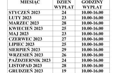 Terminy wypłaty świadczeń na rok 2023