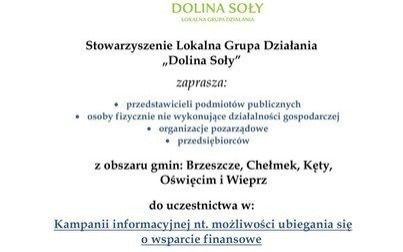 Kampania informacyjna nt. możliwości ubiegania się o wsparcie finansowe - LGD "Dolina Soły" zaprasza
