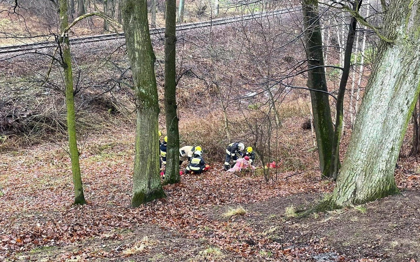 Służby ratunkowe na pomoc kobiecie z urazem nogi
