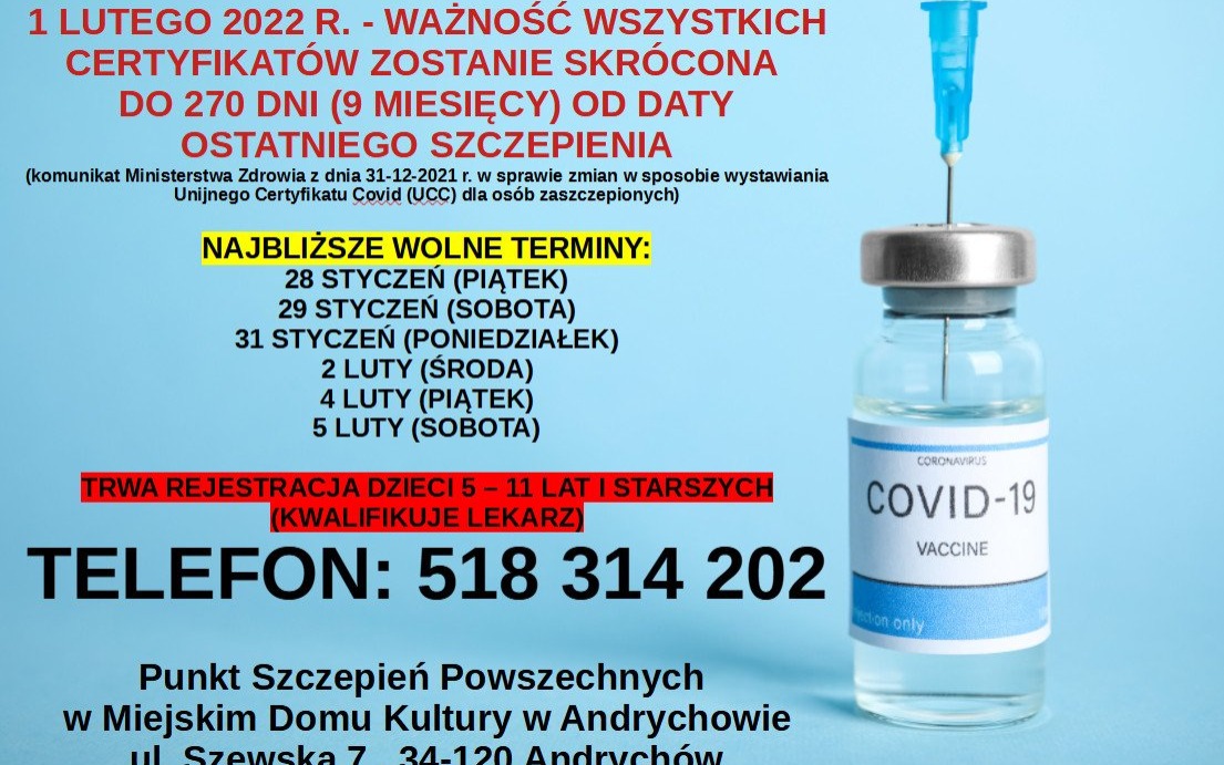Punkt Szczepień Powszechnych w Andrychowie – informacja o skróceniu ważności certyfikatów do 9 miesięcy