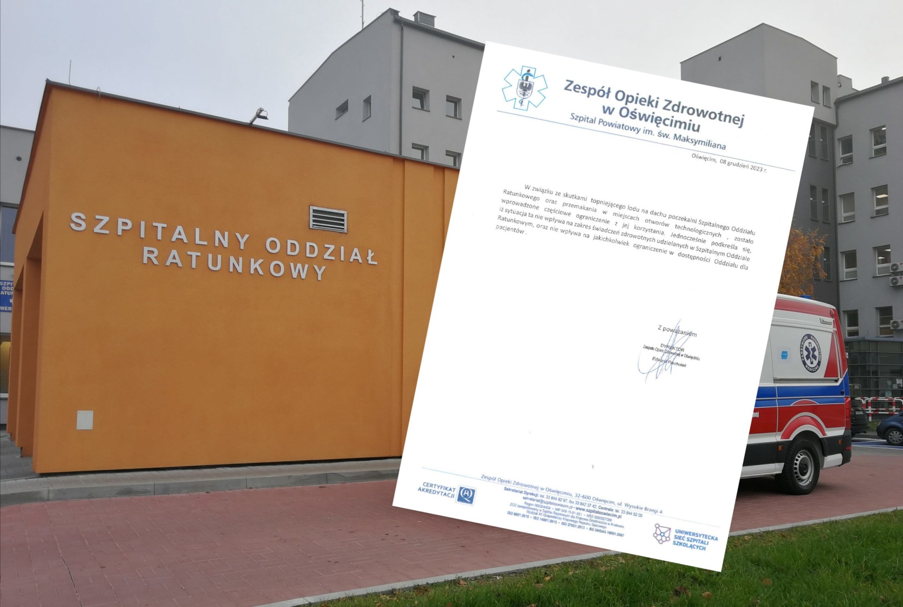 Przeciekający dach na SOR w Oświęcimiu. ZOZ w Oświęcimiu wydaje komunikat – częściowe ograniczenie korzystania z poczekalni