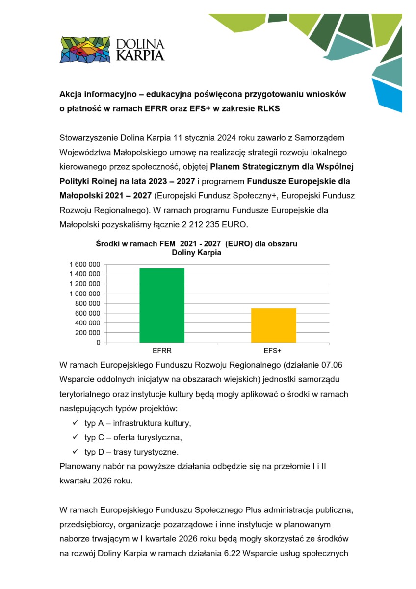 Akcja informacyjno – edukacyjna poświęcona przygotowaniu wniosków o płatność w ramach EFRR oraz EFS+ w zakresie RLKS