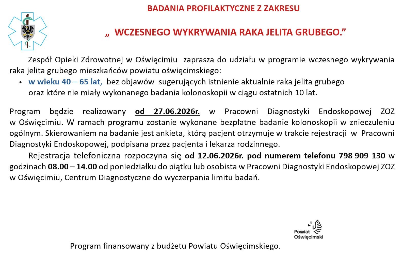 BADANIA PROFILAKTYCZNE Z ZAKRESU „ WCZESNEGO WYKRYWANIA RAKA JELITA GRUBEGO.”