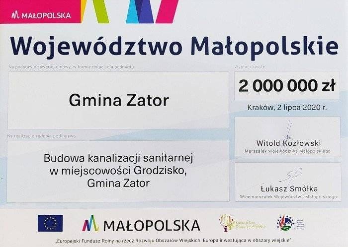Gmina Zator pozyskała 2 miliony zł. na budowę kanalizacji Grodziska.