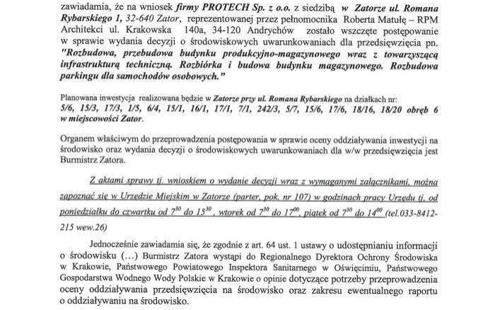 Obwieszczenie - zawiadomienie Burmistrza Zatora