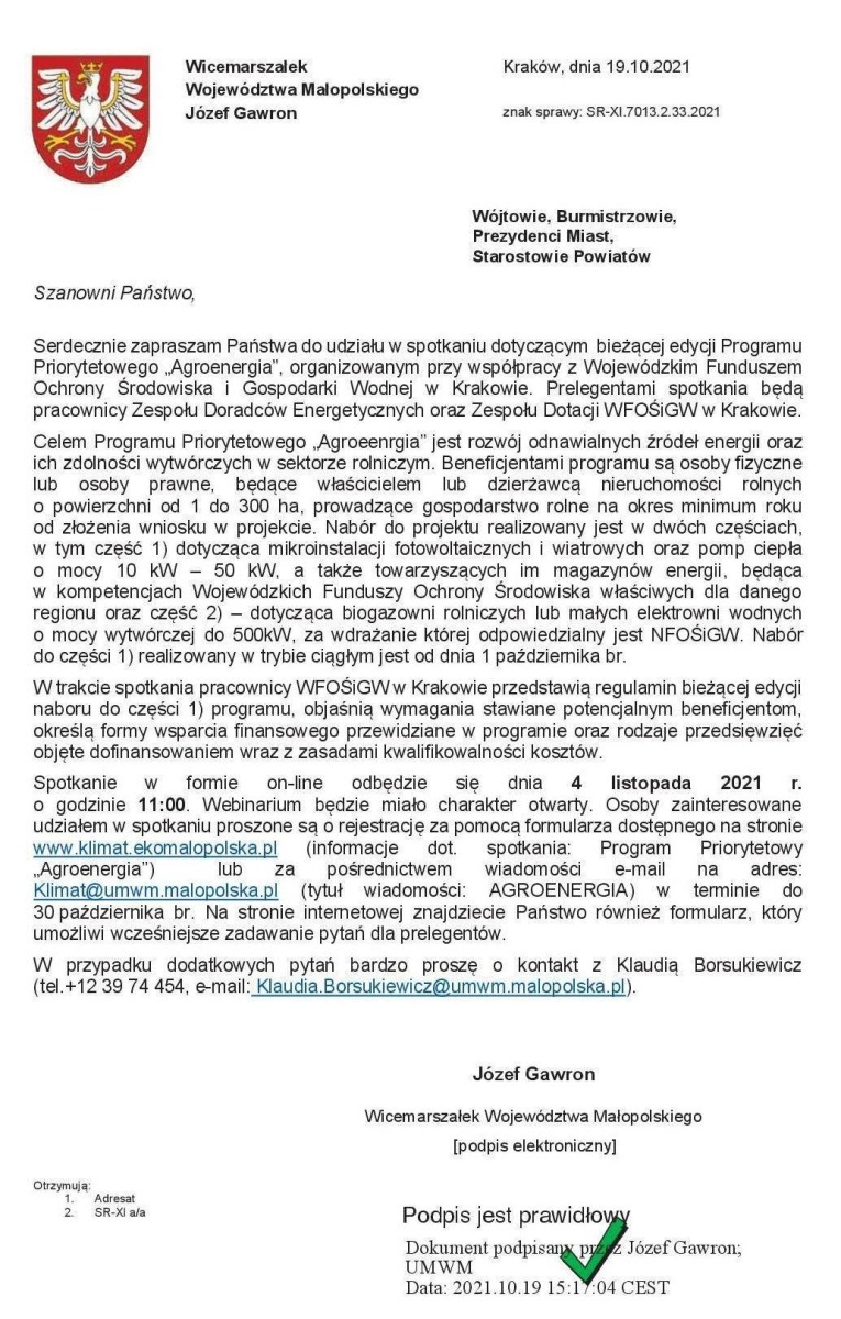 Spotkanie dla rolników dot. Programu "Agroenergia" - webinarium w dniu 4 listopada 2021 roku