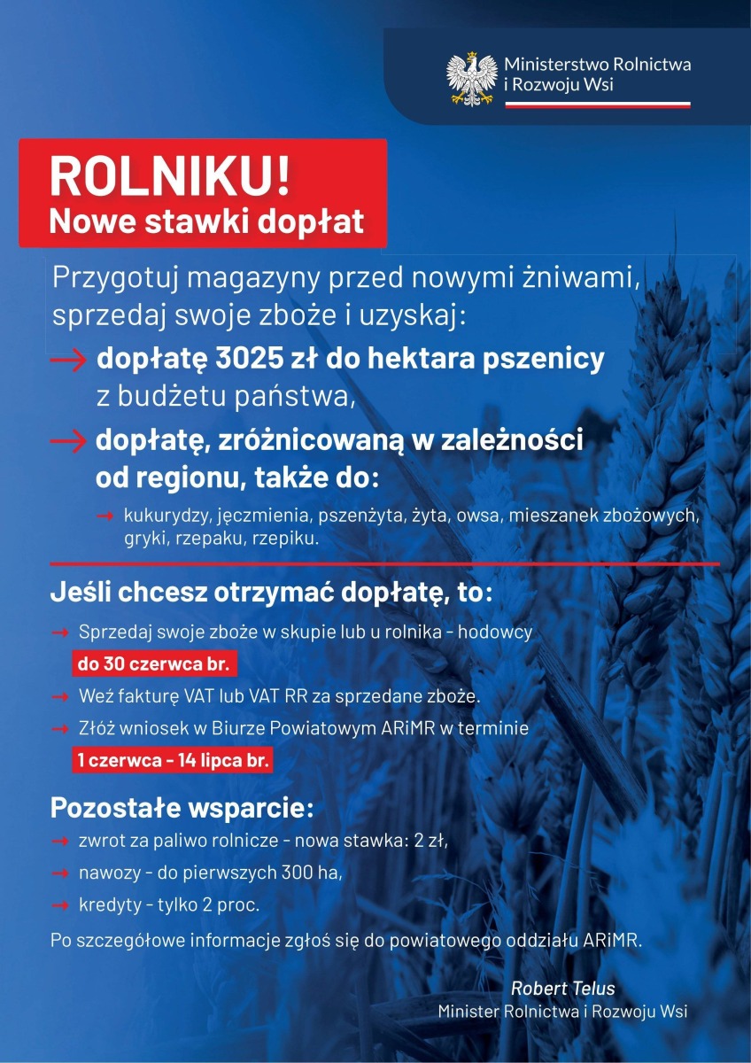 Informacje dla rolników dotyczące nowych stawek dopłat do zbóż oraz rzepaku i rzepiku