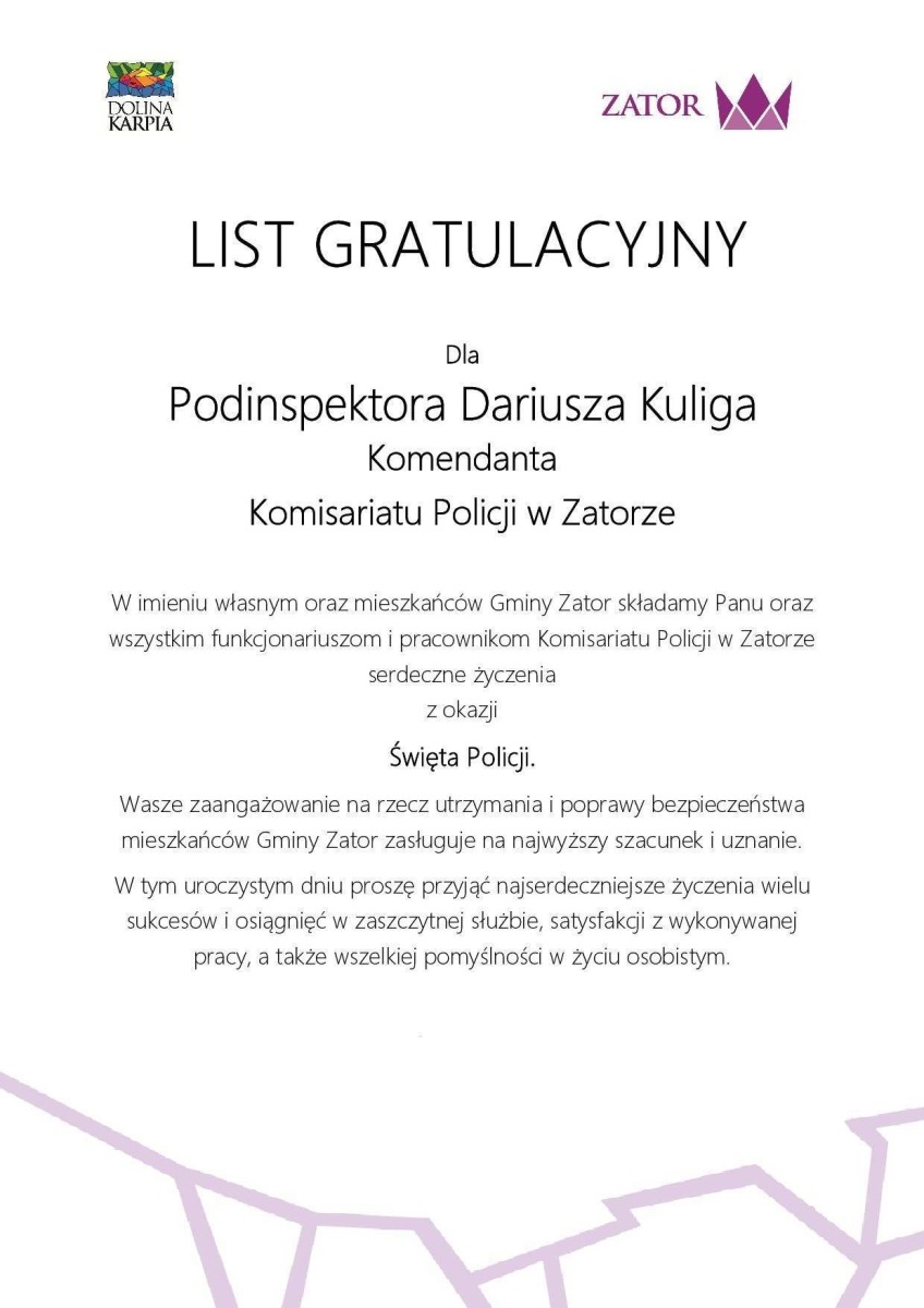 LIST GRATULACYJNY dla Podinspektora Dariusza Kuliga Komendanta Komisariatu Policji w Zatorze