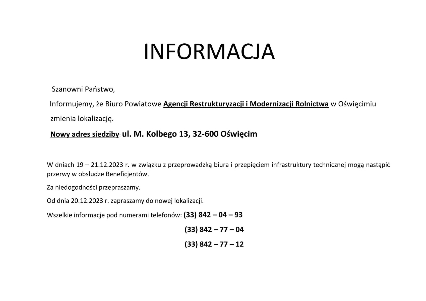 Informacja o zmianie adresu siedziby Biura Powiatowego ARiMR w Oświęcimiu oraz o działaniu jednostki w najbliższym czasie