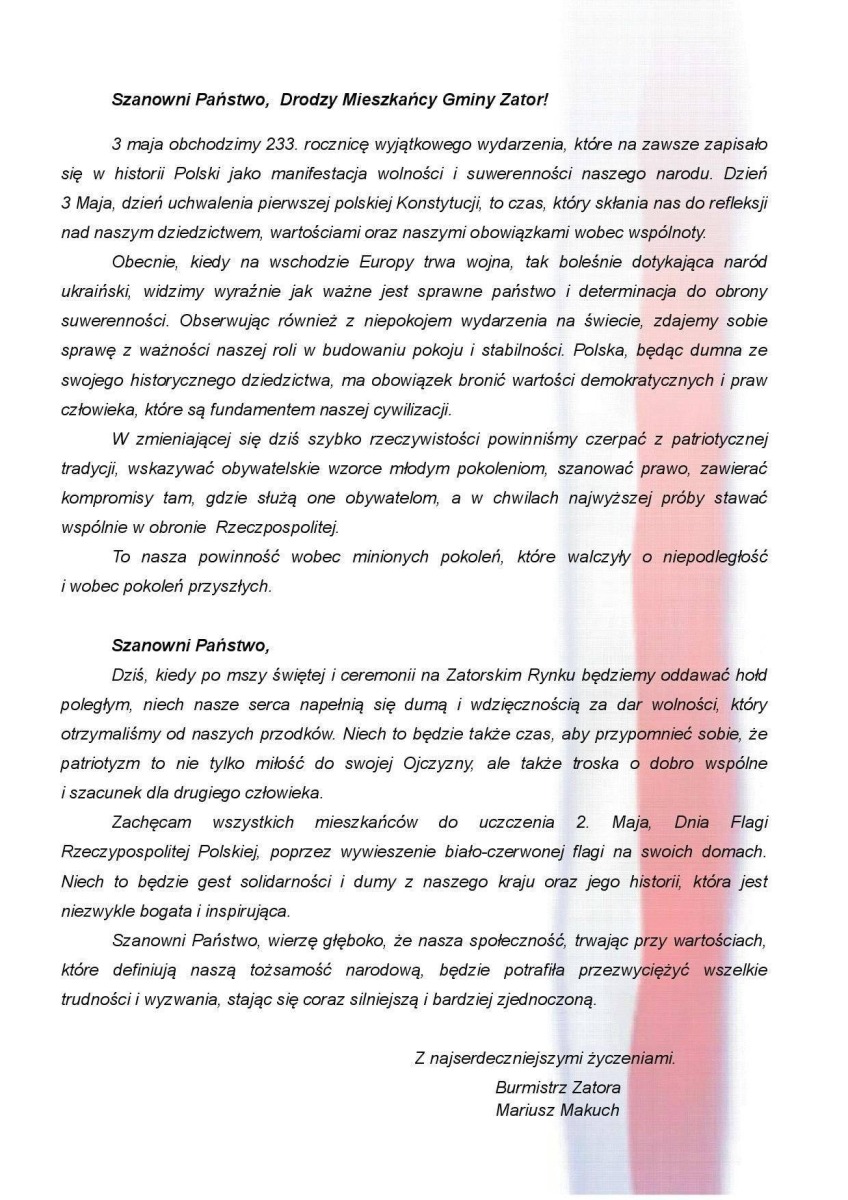 Szanowni Państwo, Drodzy Mieszkańcy Gminy Zator!