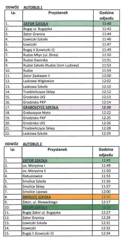 Rozkład jazdy autobusu szkolnego w dniu 21.06.2024r.