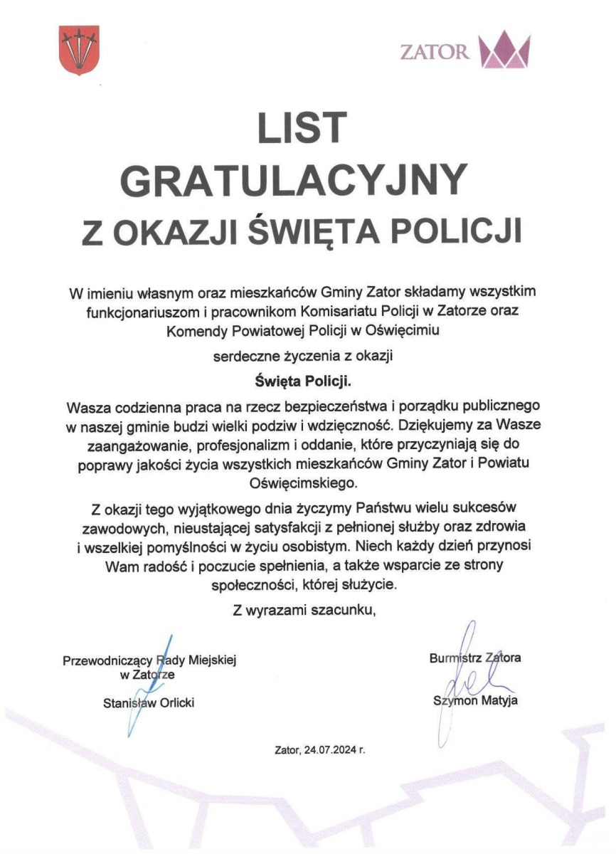 LIST GRATULACYJNY Z OKAZJI ŚWIĘTA POLICJI