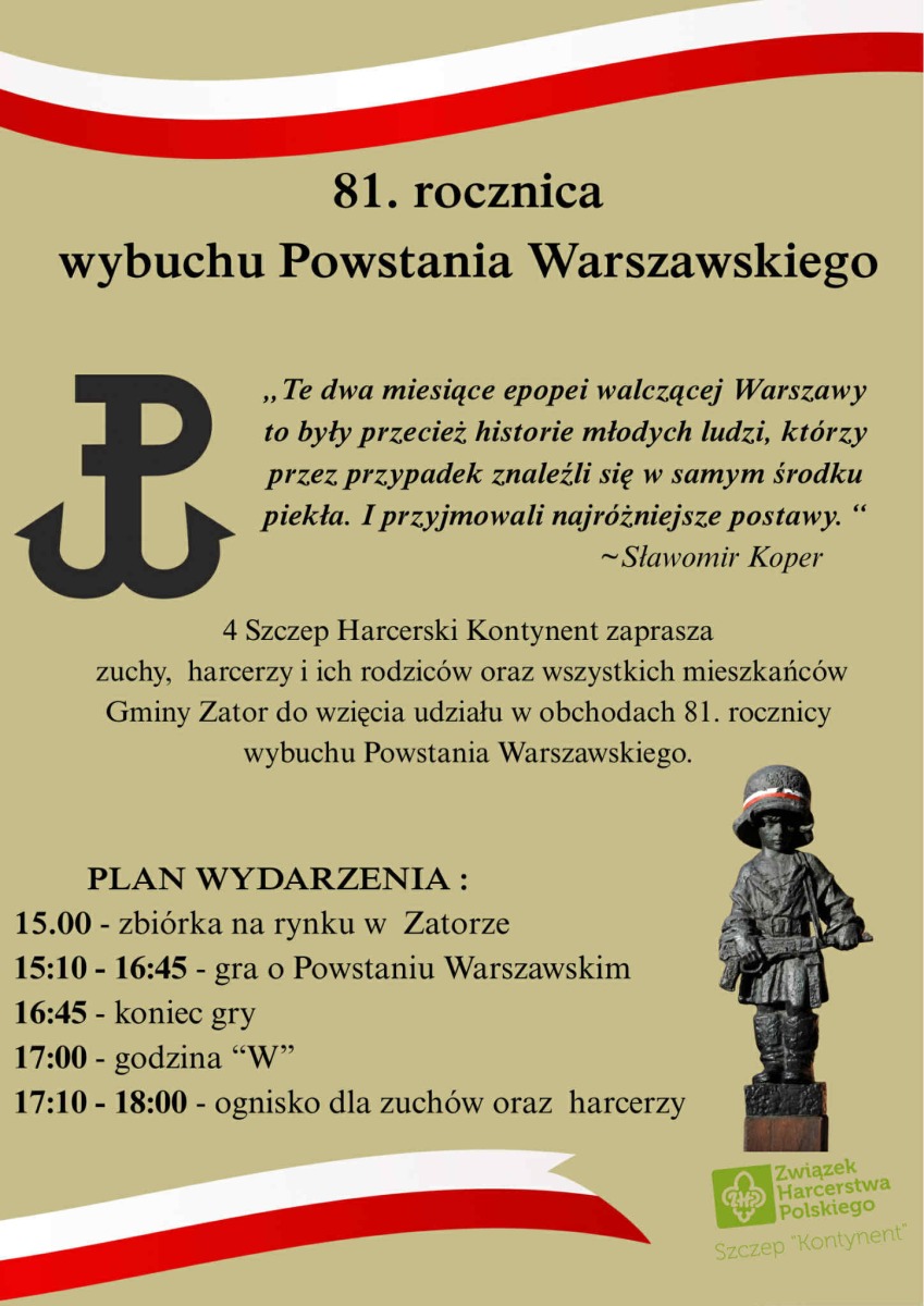 Zapraszamy na obchody 81. rocznicy wybuchu Powstania Warszawskiego