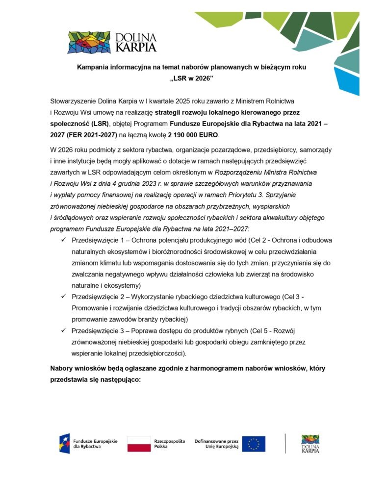 Kampania informacyjna na temat naborów planowanych w bieżącym roku „LSR w 2026” w ramach programu Fundusze Europejskie dla Rybactwa na lata 2021-2027