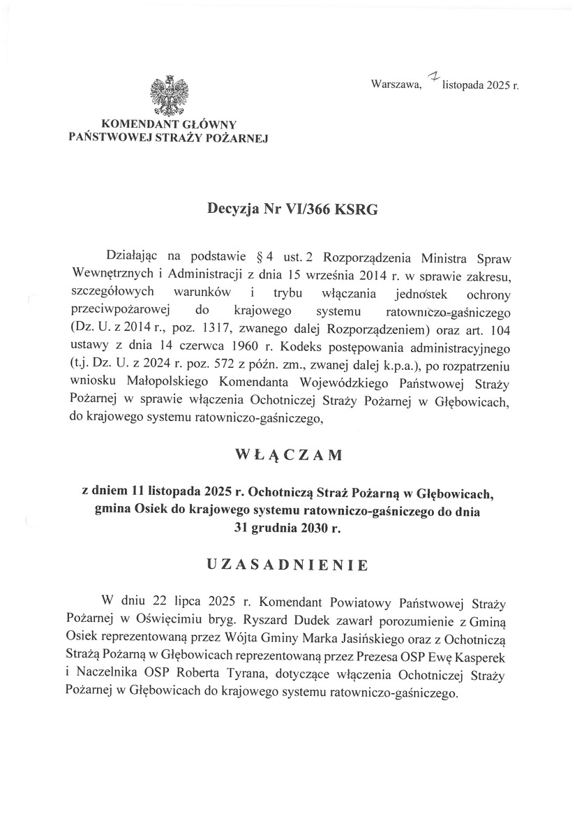 OSP Głębowice włączone do KSRG