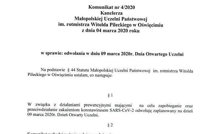 Dzień otwarty oświęcimskiej uczelni odwołany!