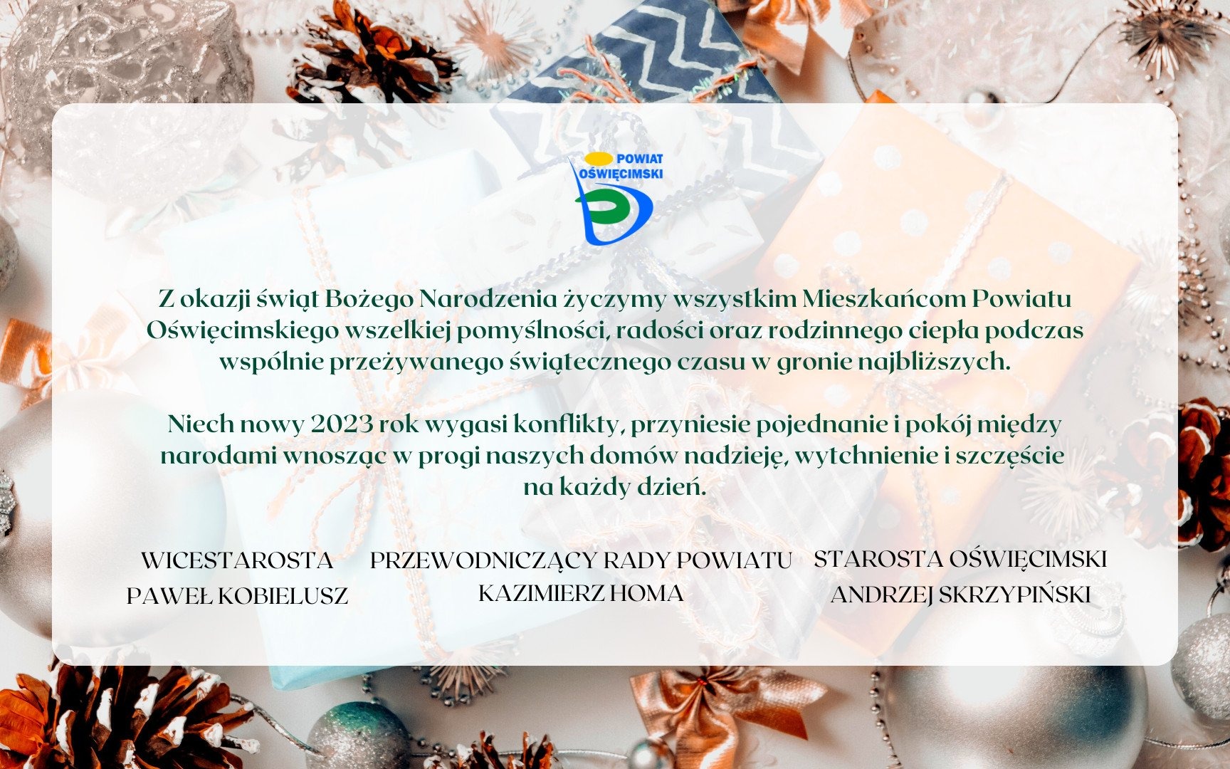 Życzenia świąteczno-noworoczne od władz Powiatu dla mieszkańców