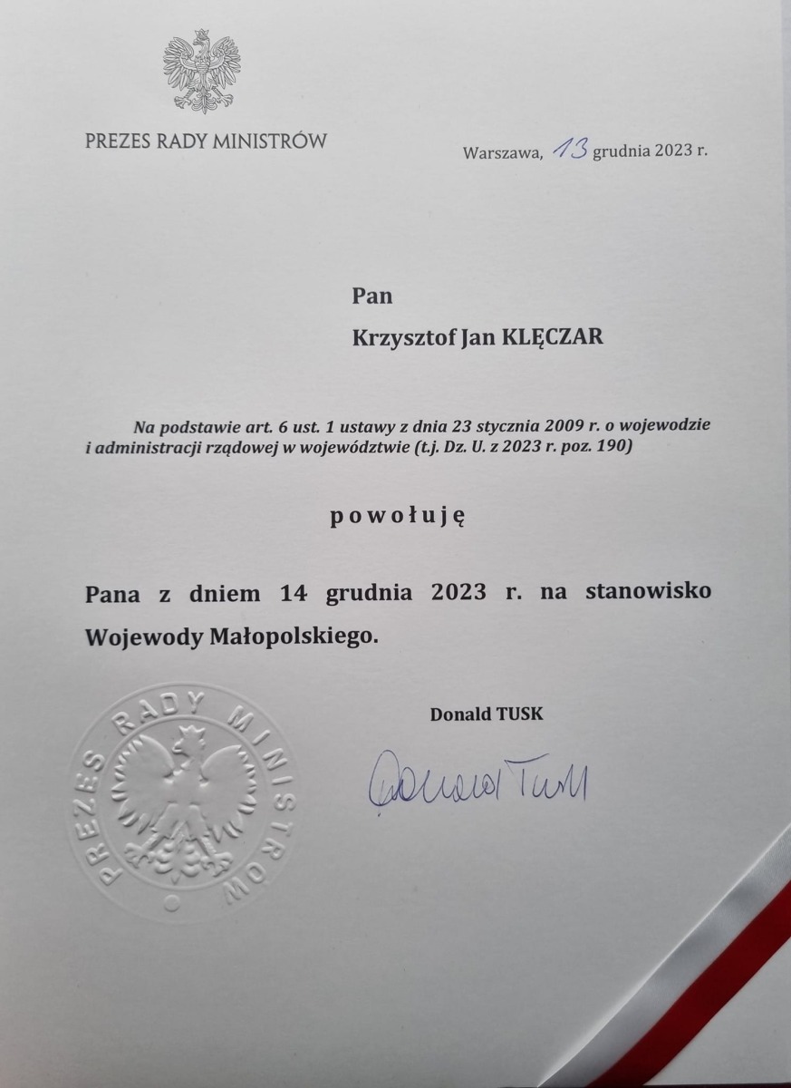 Burmistrz Kęt nowym Wojewodą Małopolskim