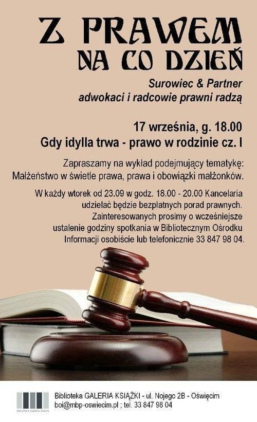 WIEDZA. Problemy z życia wzięte, darmowa porada prawna. Nowy cykl spotkań w Galerii Książki w Oświęcimiu