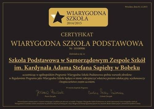 W SKRÓCIE. Certyfikat dla szkoły w Bobrku
