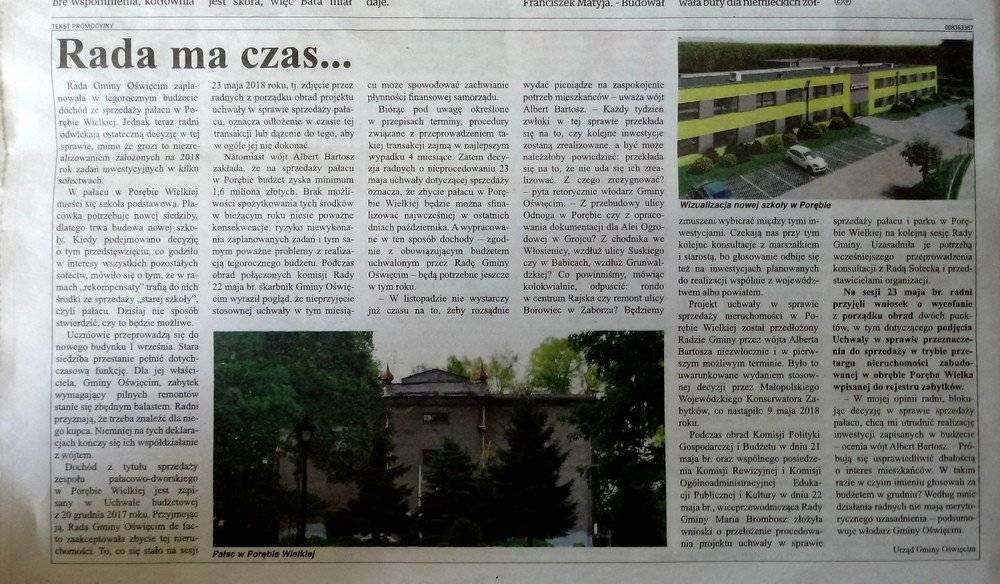 GMINA OŚWIĘCIM. Wiemy, ile kosztował płatny tekst w "GK" wychwalający wójta, a krytykujący radnych