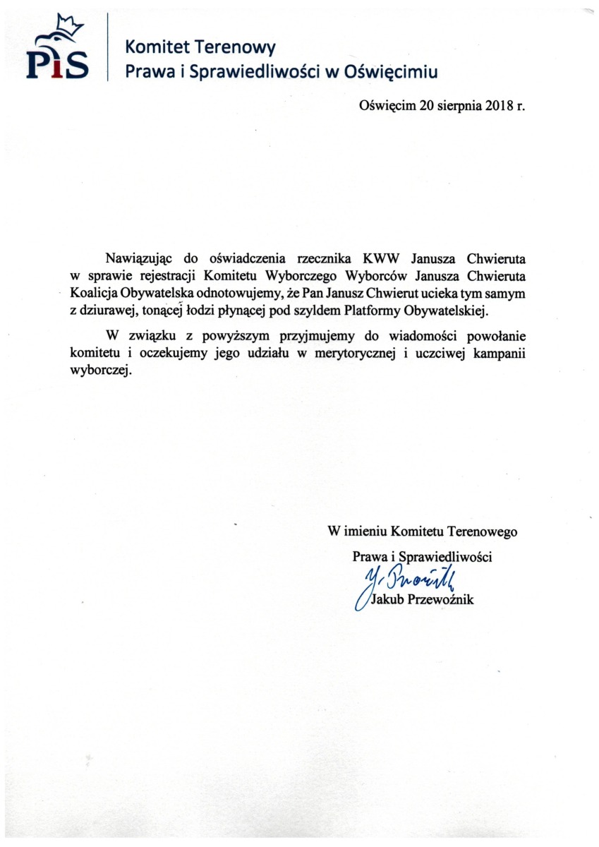 OŚWIĘCIM. Błyskawiczna reakcja PiS na rejestrację KWW Janusza Chwieruta
