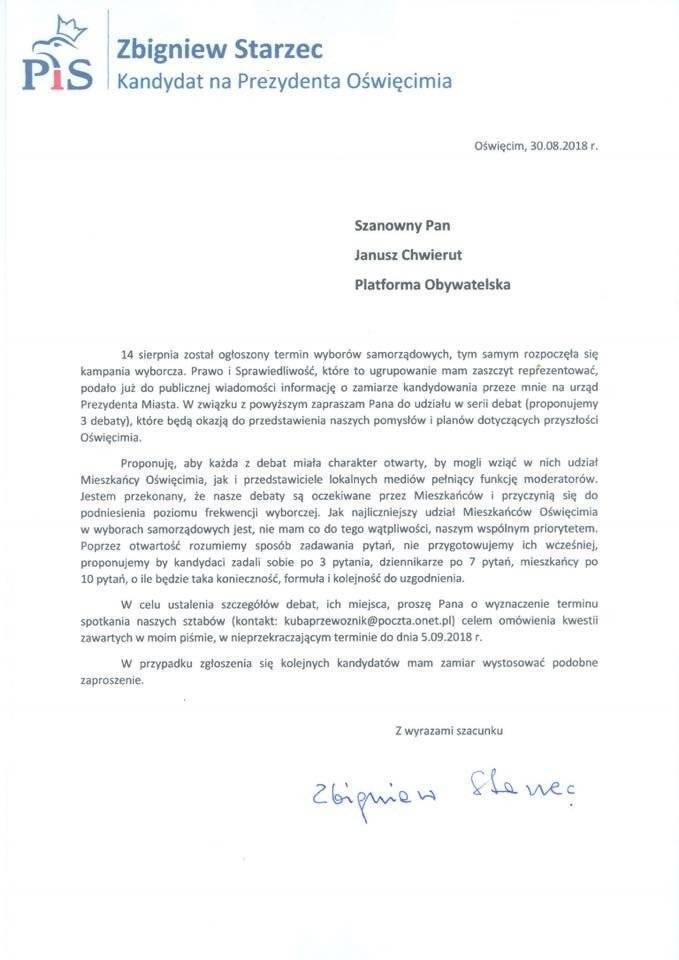 OŚWIĘCIM. Zbigniew Starzec zaprasza Janusza Chwieruta do trzech otwartych debat o mieście