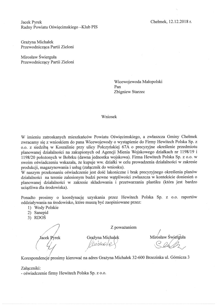 CHEŁMEK – KRAKÓW. PiS i Partia Zielonych razem w sprawie kontrowersyjnej inwestycji w Bobrku