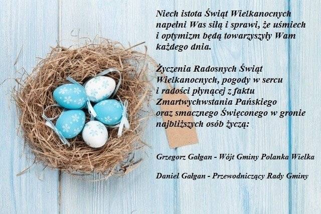 WIELKANOC. Życzenia świąteczne od wójta Gminy Polanka Wielka oraz przewodniczącego Rady Gminy
