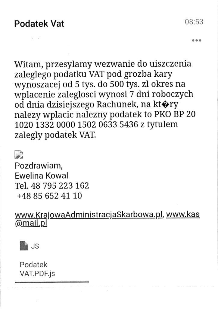 Urząd Skarbowy ostrzega: Uwaga na fałszywe maile z wezwaniem do zapłaty - InfoBrzeszcze.pl