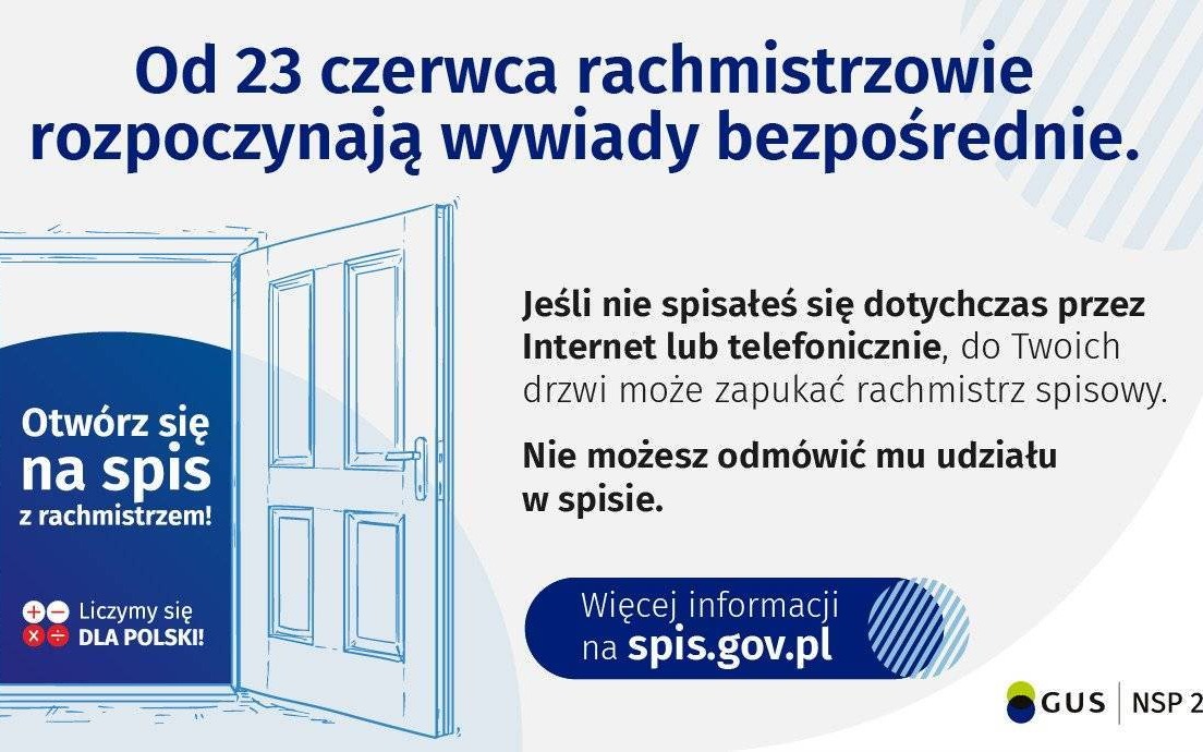 Od 23 czerwca 2021r. rachmistrzowie spisowi rozpoczynają przeprowadzanie wywiadów bezpośrednich w Narodowym Spisie Powszechnym Ludności i Mieszkań 2021