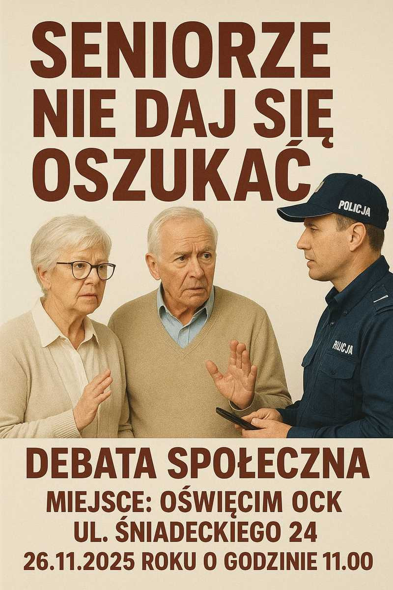 Oświęcim. 26.11.2025 Zaproszenie na debatę społeczną pt. „Seniorze nie daj się oszukać”
