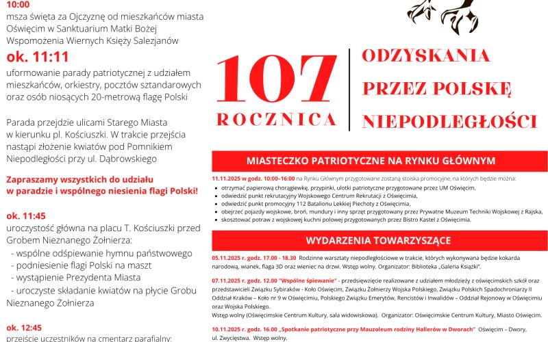 Oświęcim. 11 listopada. 107. rocznica odzyskania przez Polskę niepodległości