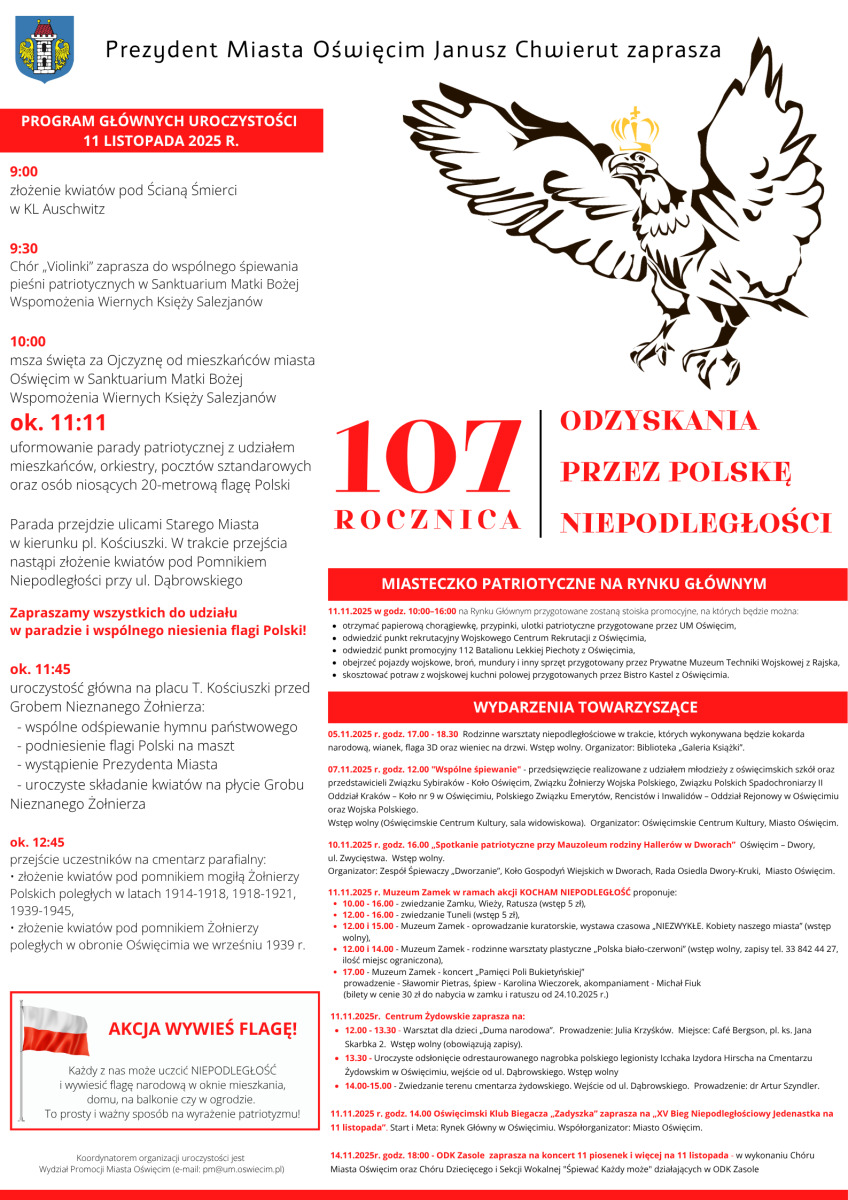 Oświęcim. 11 listopada. 107. rocznica odzyskania przez Polskę niepodległości