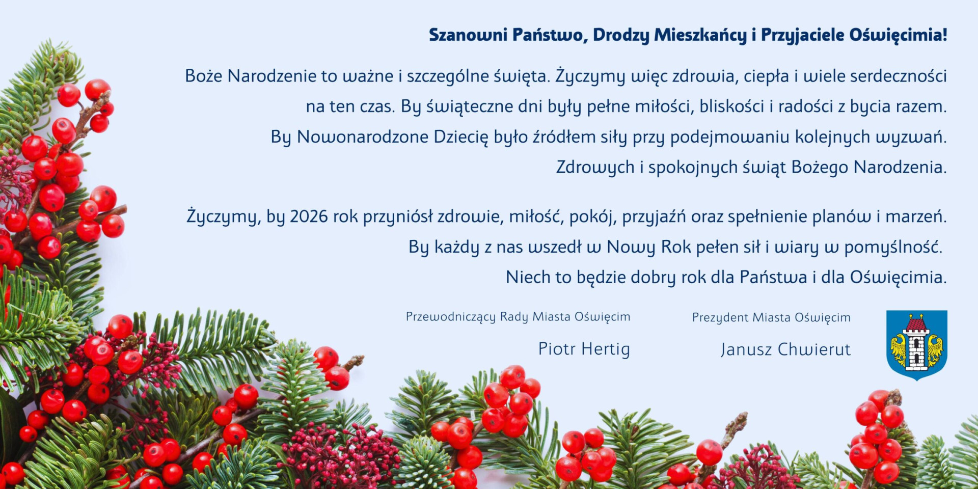 Oświęcim. Życzenia na Boże Narodzenie prezydenta i przewodniczącego Rady Miasta